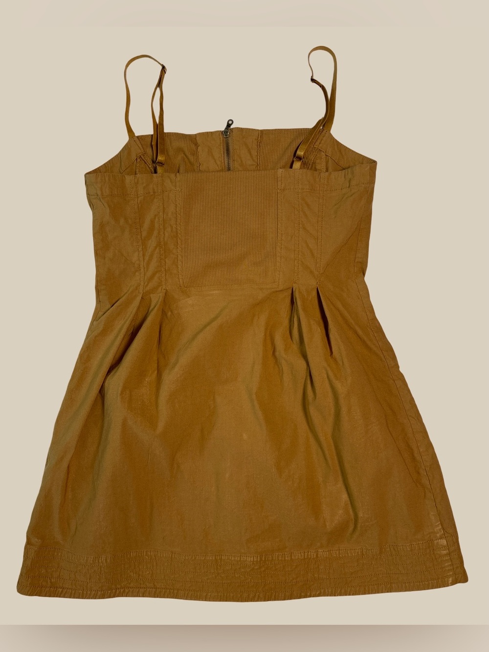 Anthropologie Maeve Structured Zip Front Mini Dress, Honey Brown, Pockets SZ M - Picture 6 of 8